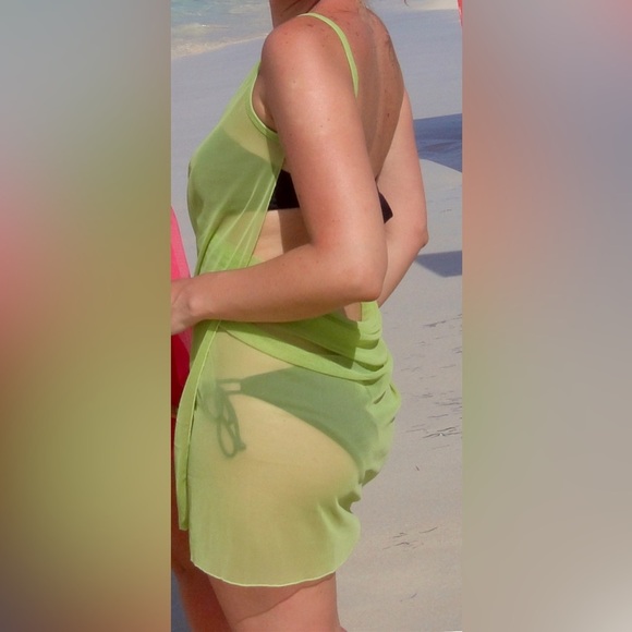 Bathing suit mesh wrap, green see through swimsuit cover up, adjustable size - Picture 3 of 7